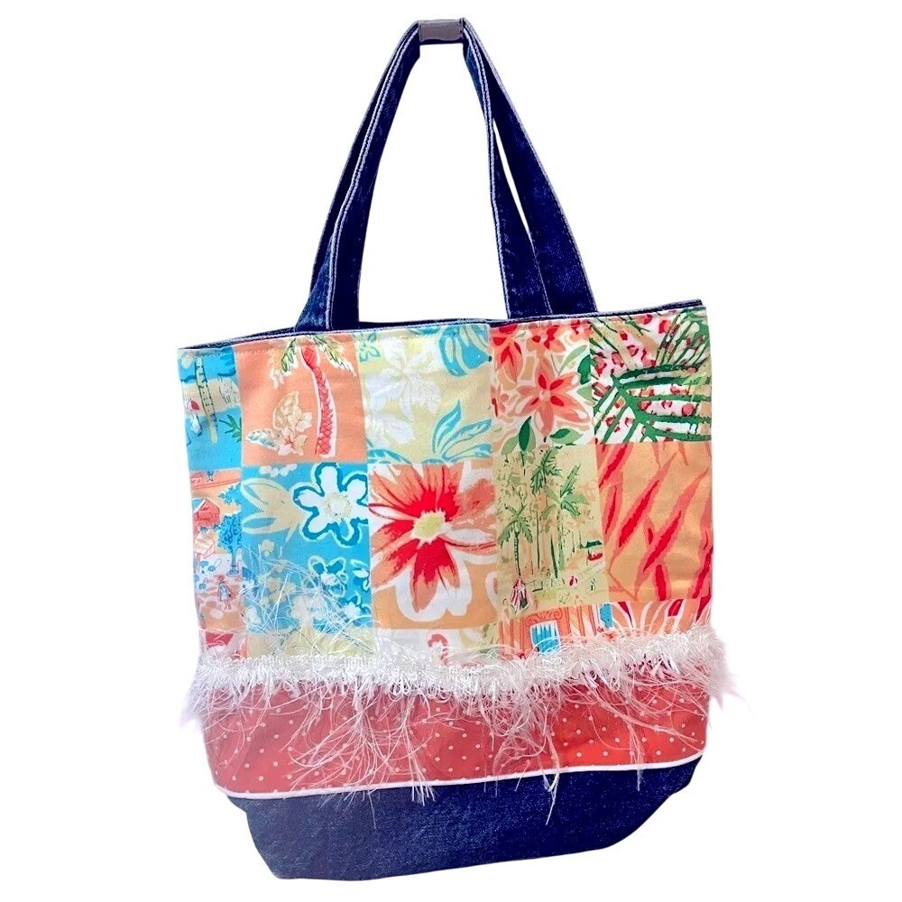 Patchwork Denim Tote Bag Boho Floral Handmade Multicolor Shoulder Bag Tropical